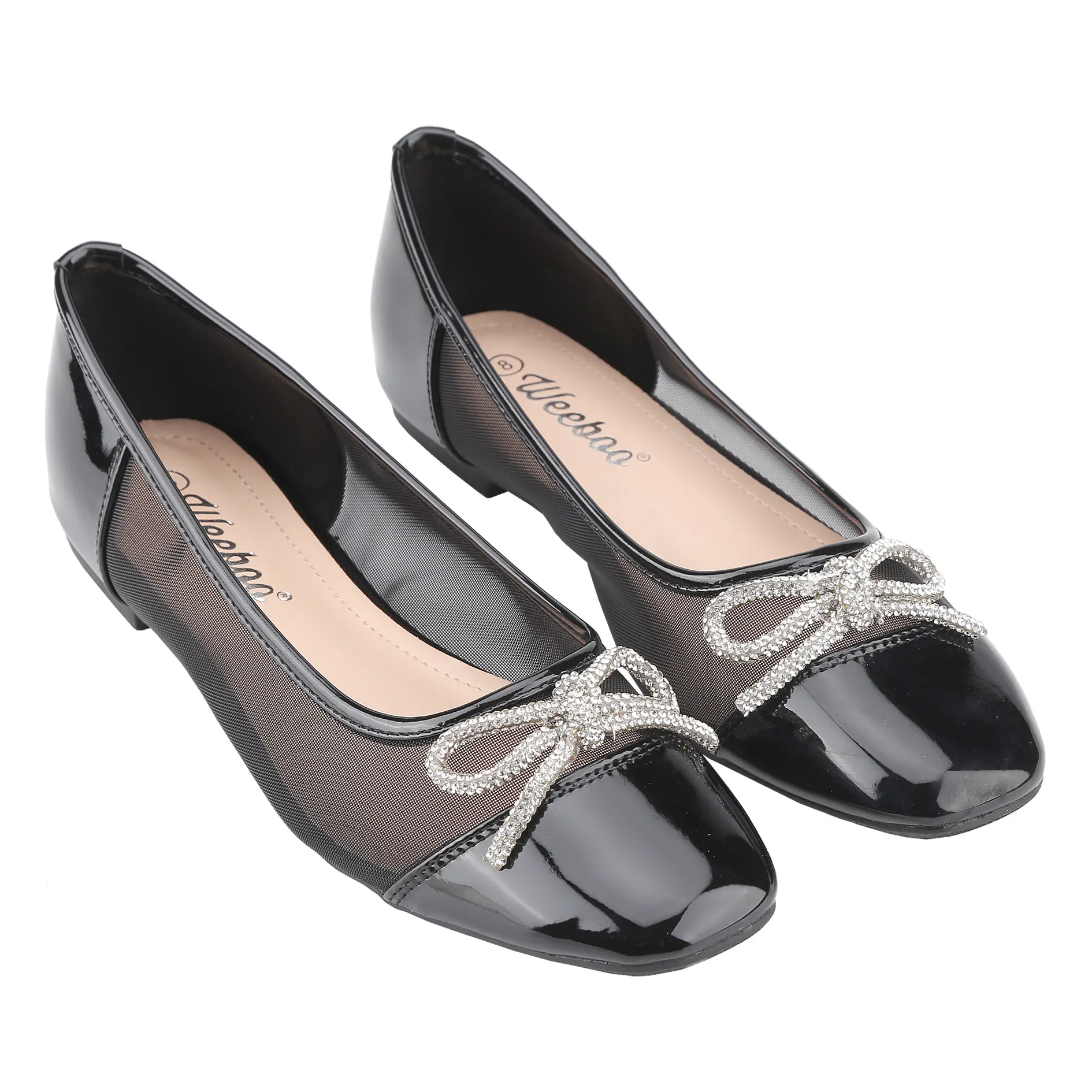 Belovely Women's Black Mesh Ballet Flats with Rhinestone Bow | Comfortable Slip-On Round Toe Shoes for Dating & Events | Classic & Elegant Design