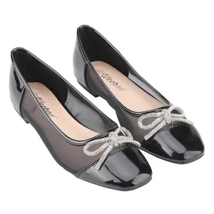 Belovely Women's Black Mesh Ballet Flats with Rhinestone Bow | Comfortable Slip-On Round Toe Shoes for Dating & Events | Classic & Elegant Design