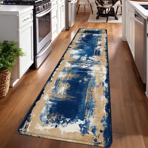 1PC， Blue White Brown Abstract Strokes Patterned strip rugs, home décor, bathroom mats, entryway mats, bathroom non-slip mats, indoor entrance rugs, bedroom bedside mats, kitchen mats, hallway rugs, flannel sponge rugs, hallway runner rugs