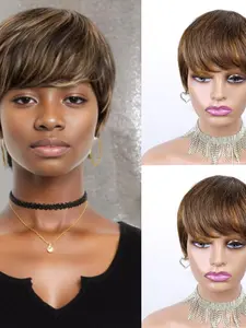 Piano Color Short Elf Hair Wig, Human Hair Material, Graduated Bob Wig, Full Mechanical Construction, No Glue, Women's 6-Inch Role-Play Wig
