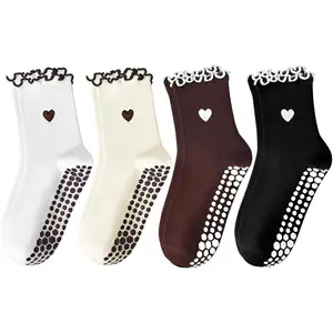 Pilates Yoga Grip Socks for Women, 6 pairs Bow-Patterned Ruffled Crew Socks Ideal for Fitness, Ballet Bar Work&Dance summer