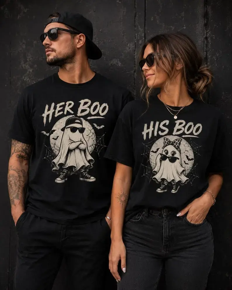 His and Hers Halloween T-Shirts, Matching Couples Ghost Tee, Couples Halloween Tee, Couples Spooky Season, Spooky Couples Tee, Matching Halloween Shirt, Full Size, Full Colo