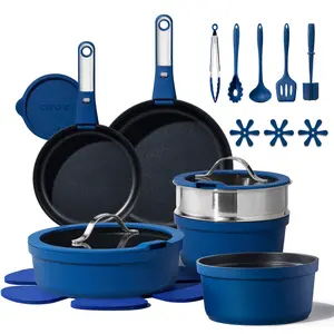 [Official]CAROTE 23pcs Sapphire Blue Pots and Pans Set Non Stick, Nonstick Cookware Set, Dishwasher/Oven/Fridge Safe Pots and Pans, Removable Handle RV Oven Safe Cookware, Induction Kitchen Set, Blue