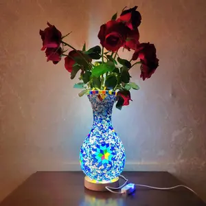 Handmade Turkish Moroccan Mosaic Vase Lamp with Wooden Base – Colorful Glass Table Lamp for Bedroom, Living Room & Farmhouse – USB Rechargeable Ambient Light & Flower Decor,Handmade Tiffany Mosaic GlassPortable Bedside Lamp Modern ,Color Changing Bottle