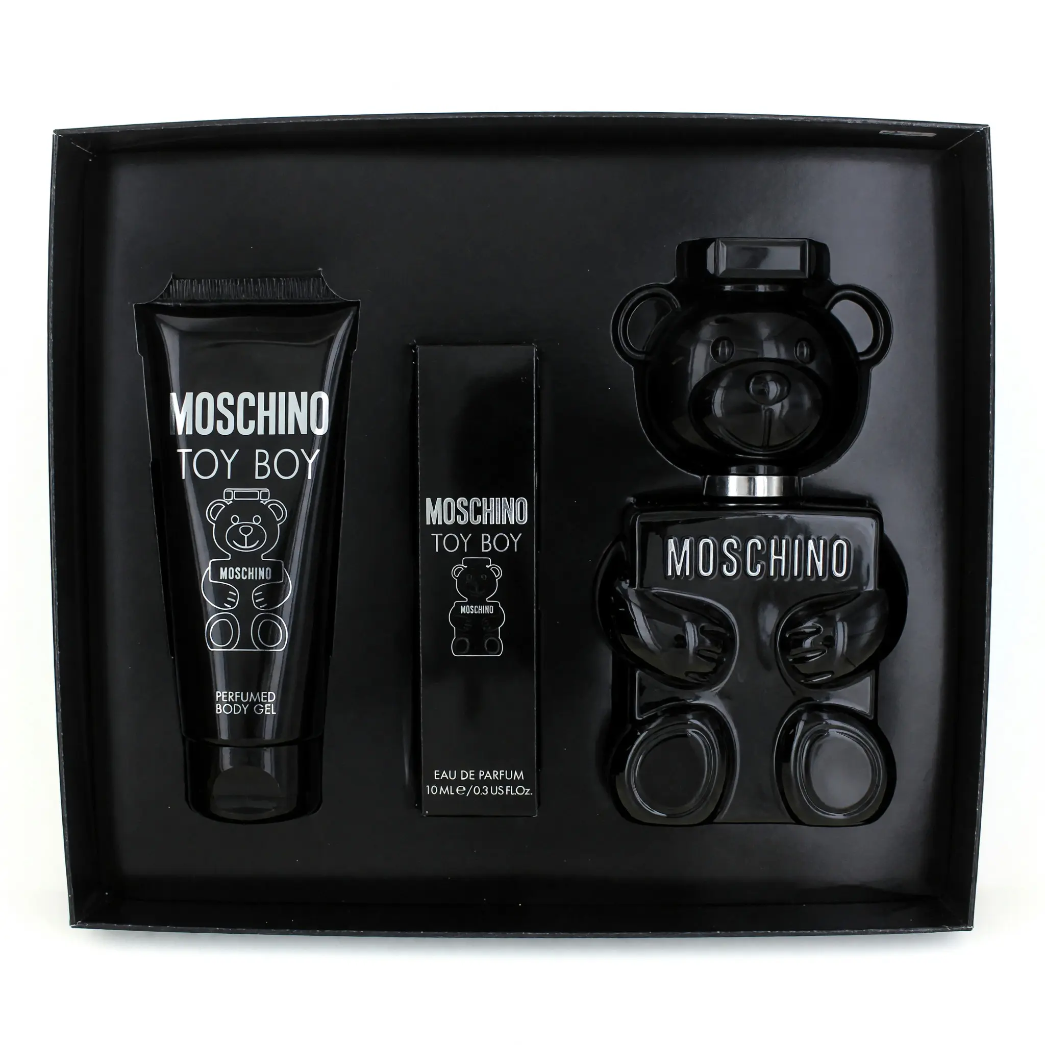Moschino Toy Boy by Moschino, 3 Piece Gift Set for Men Scent Aroma Cleanser Cosmetic, Amber, Wood