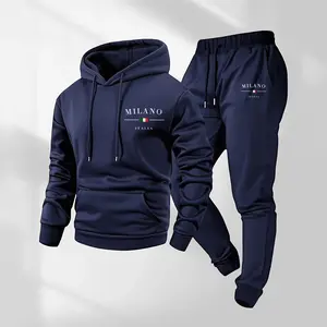 Men's Milano Letter Printed Hoodie and Drawstring Sweatpants Set, Menswear, Casual Athletic Long Sleeve Hooded Jacket & Trousers for Fall & Winter, Men's Clothing for Daily Wear, Sportswear Indoor Outdoor, Tracksuit, Athleisure Summer Clothes