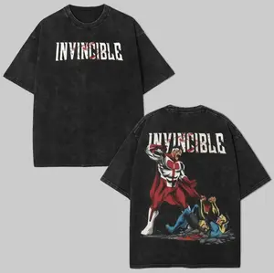 Invincible Washed Tee, Hoodie Cotton, Unisex Streetwear, Retro Anime Graphic Shirt, Perfect Gift for Fans Fabric Menswear graphic tee lover  Top