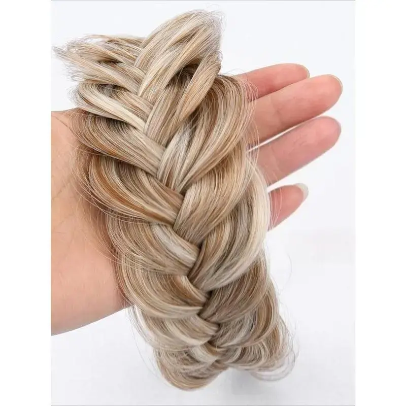 Faux Hair Braided Headband - Chunky Woven Sandy Blonde Elastic Wide-Fit Hair Accessory for Everyday Wear and Styling