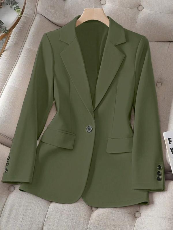 Women's Spring & Fall Solid Color Lapel Long Sleeve Single Button Casual Commuter Blazer Jacket, Fitted Plain Design
