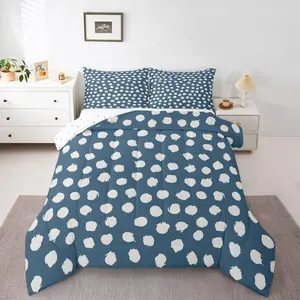 Feelyou Brush Stroke Bedding Set - Bohemian Polka Dot Duvet Quilt, Farmhouse Blue All-Season Comforter with Lightweight Printed Blanket for Kids Teens, Lightweight Blanket