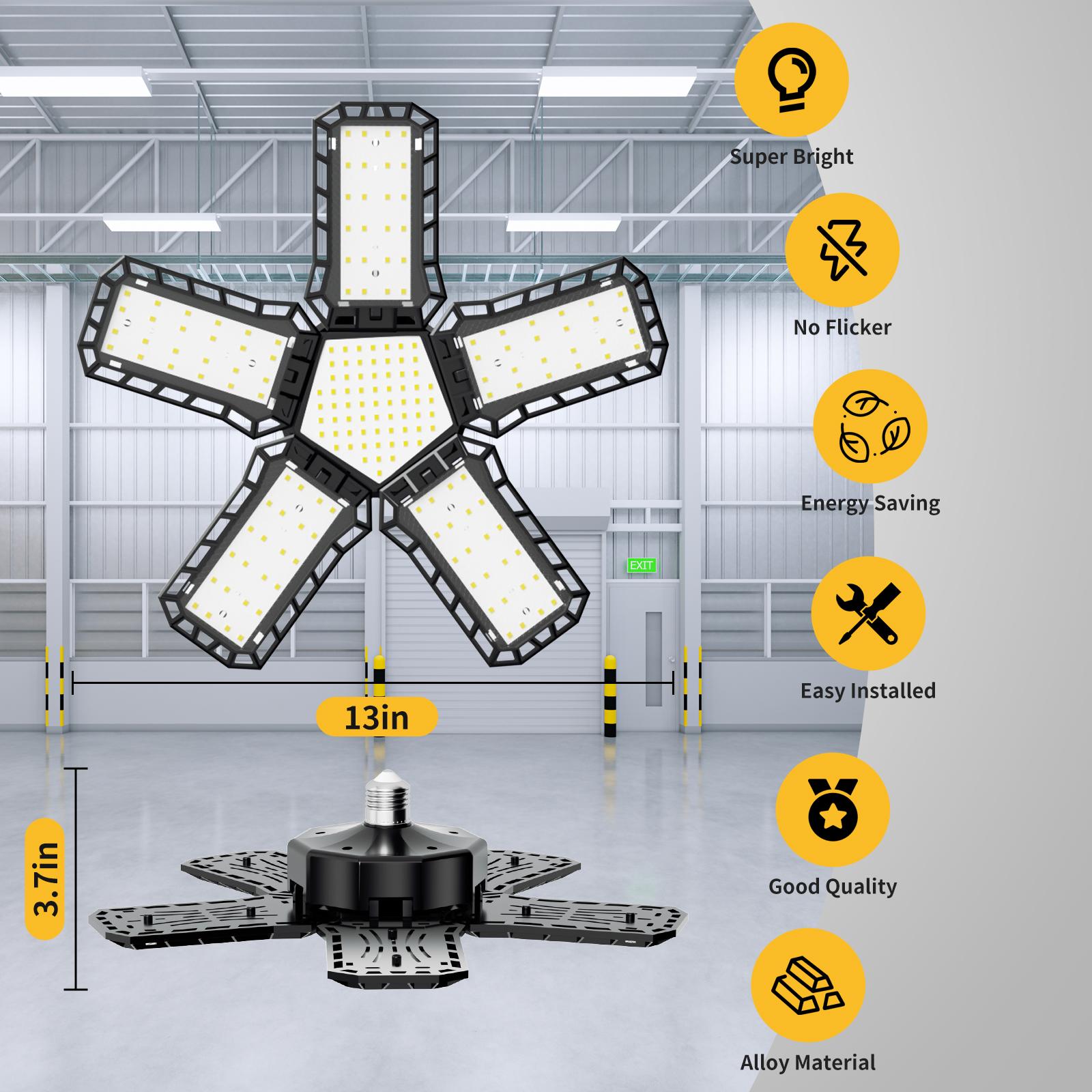 Adjustable Deformable  Five-Leaf Garage Light，360° ultra-bright omnidirectional lighting Universal fit for E26/E27 sockets Tool-free installation in seconds Efficient heat dissipation Perfect for household, garage, commercial and industrial applications
