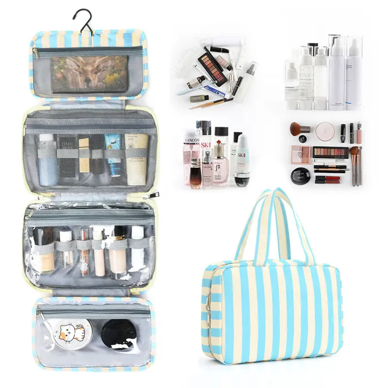 4-Fold Portable Gym Wash Bag - Striped Design, Zipper Closure, PVC Pockets, Wet/Dry Separation, Large Capacity, Organizes Toiletries for Sports & Outdoor Travel