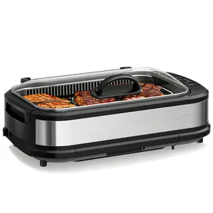 【TiktokShopSpringGlowUp】Smokeless Indoor Electric Grill, Touch Control Panel with 6 Heat Levels, Removable Dishwasher Safe Parts, Built-in Fan & Auto Shut-Off, Indoor Grilling for Home Use, Black