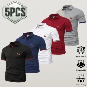 Men’s polo shirts with a small horse pattern, 5-pack—lightweight, quick-drying, breathable, suitable for summer short sleeves. Suitable for commuting, everyday wear, and light business occasions; can be paired with dress pants and casual wear.
