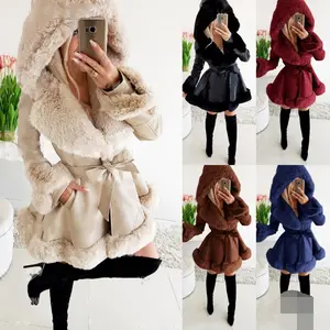 Hooded Jacket,Women'S Faux Leather Jacket With Faux Fur Collar, Winter Long Sleeve Furry Trim Peplum Parka Coat With Belt,Fur-Panelled Jacket-Solid Color Belted Waist