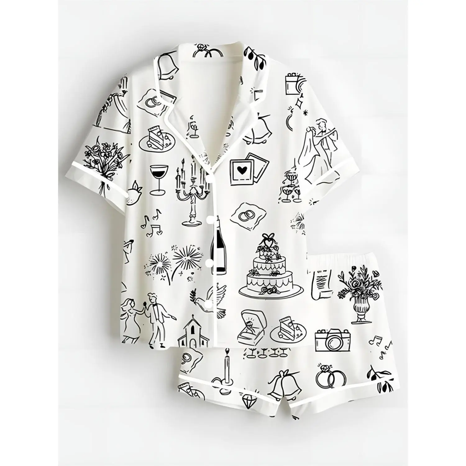 Wedding Day Black Line Art Print Set - Short-Sleeved Button-Up Shirt & Matching Shorts for Teens, Playful Bride & Groom Sketch Design, Ideal for Outdoor Occasions