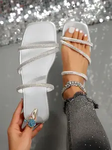 Summer Fashion Rhinestone Flat Sandals, Square Toe Design, Medium Width, PVC Sole, Casual Style for Dating, Shopping, Parties, Work, Fashionable Sliding Sandals Footwear