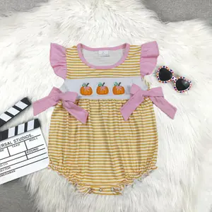 embroidery SR3125 pumpkin orange striped pink bows flutter sleeve girls romper