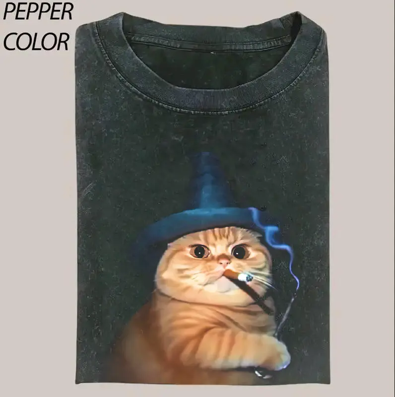 Vintage Wizard Cat Smoking Meme Funny Graphic Tee, Witch Cat Vibes, Witch Cat Gang Shirt, Animal Shirt, Meme Cringe Funny Dumb Shirt, Gift For Men Women, Menswear Womenswear Streetwear