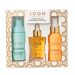 Joon Styling Ritual Set - Includes 1.1 fl.oz Hair Elixir, 2 fl.oz Mousse, and 2 fl.oz Hairspray - made with Saffron, Rose, Pistachio, Persimmon and Katira