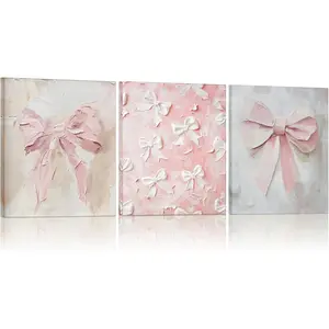 3 Pcs Coquette Pink Bow Canvas Wall Decor Oil Painting Bow Wall Decor Prints Trendy Preppy Cute Art with Framed for Bedroom Bathroom Kitchen College