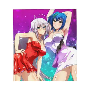 High School DxD Rossweisse Inspired Anime Blanket, Soft Flannel Fleece Throw Blanket with White Hair & Blue Hair Character Print, Purple Sparkle Background Cozy Blanket for Sofa Bed Dorm Anime Fan Gift