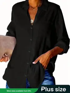 Plus Size Classic Casual Western Style Solid Button Front Shirt, Button Down Shirts, Elegant Long Sleeve Button Up Top for Women, Women's Clothing for Spring & Fall