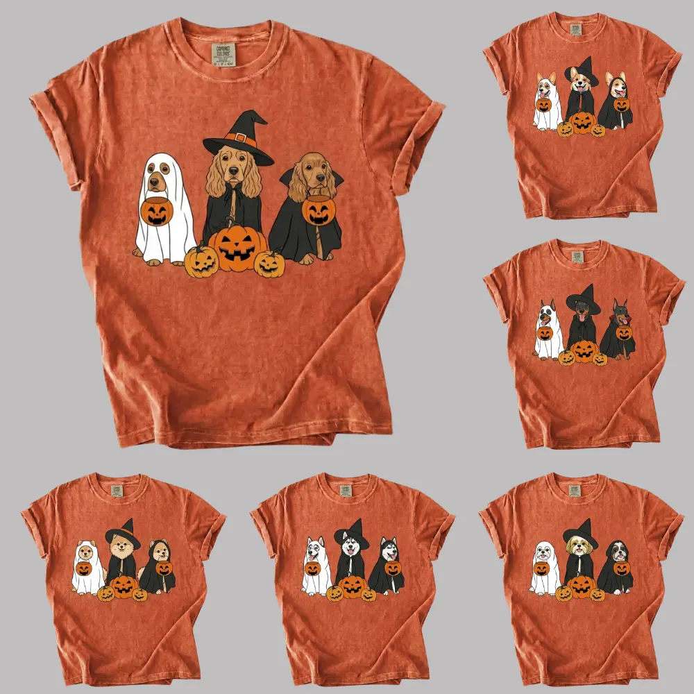 30+ Dog Breeds Halloween Comfort Colors Shirt, Cute Ghost & Witch Puppy Graphic, Dog Lover Gift