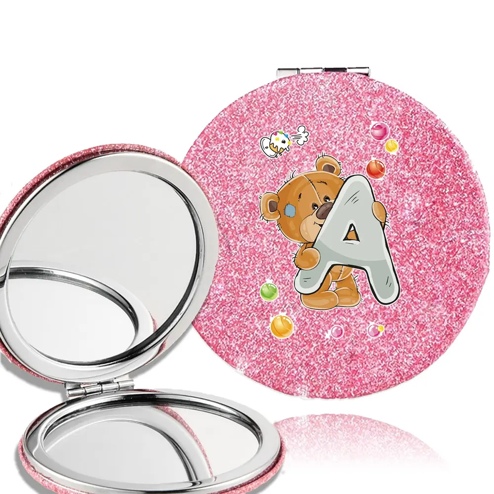 Double Sided Portable Cosmetic Mirror, Foldable Leather Design, Anti-Slip Pocket Mirror for Women, Exquisite Travel Accessory with Bear Letter Pattern