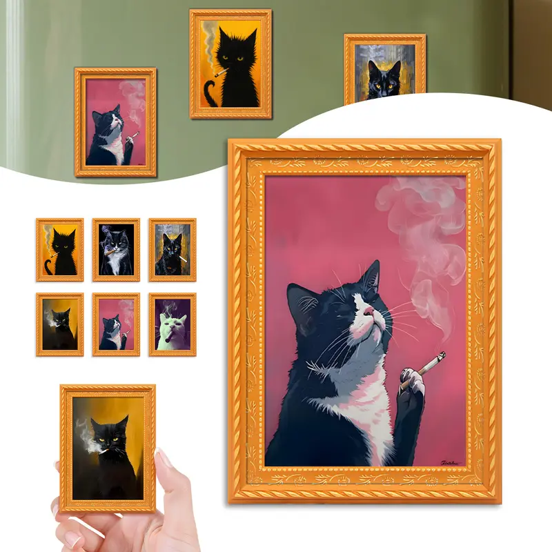 Cute Cat Refrigerator Magnets, Funny Wooden Rebellious Cat Smoking Art Print Fridge Magnets, Black and White Cats Design Magnet Refrigerator for Home Kitchen Office Decor