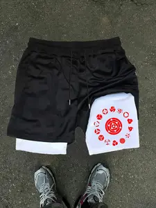 Anime Sharingan Two-In-One Gym Shorts, Naruto Theme Quick-Dry Fitness Training Pants, Casual Graphic Short Pants for Men