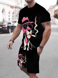 Men's Leopard Print Set, Printed T-Shirt & Casual Shorts, Comfortable Breathable, Versatile Daily Wear