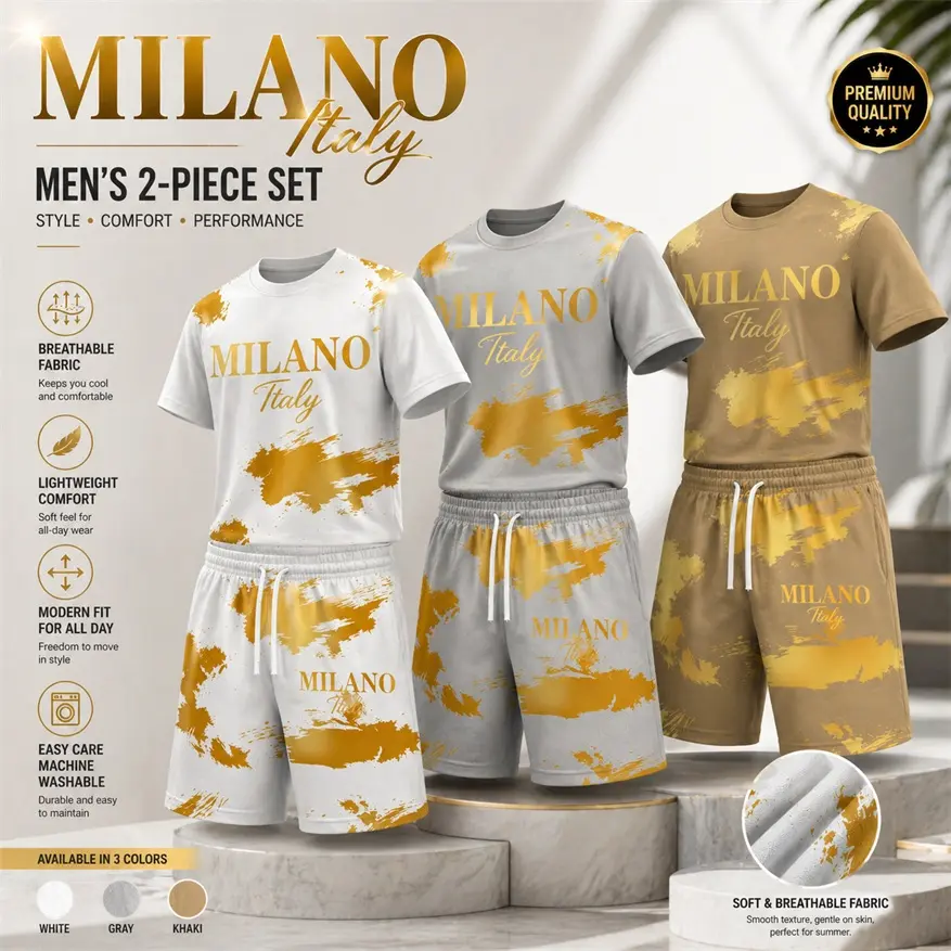 Men’s MILANO Graphic T Shirt and Shorts Set, Italy Inspired 2 Piece Matching Outfit with Short Sleeve Tee and Elastic Waist Drawstring Shorts, Soft Breathable Summer Set for Holiday, Street Style, Travel, and Everyday Wear