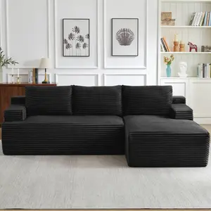 96.9" Cloud Sectional Couch Sofa Modern Modular Sofa with L-Shape Chaise and Deep Seat, Upholstered Couches for Living Room Bedroom,No Assembly Required, (Corduroy Fabric),Black,Right