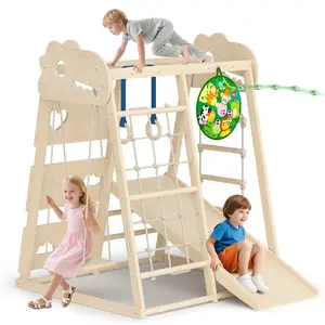 8-in-1 Indoor Playground, Indoor Jungle Gym for Kids, Wooden Montessori Climbing Toys with Rings, Slide,Rope Ladder, Monkey Bar, Climbing Net, Climbing Rock, Swing, Dart Board