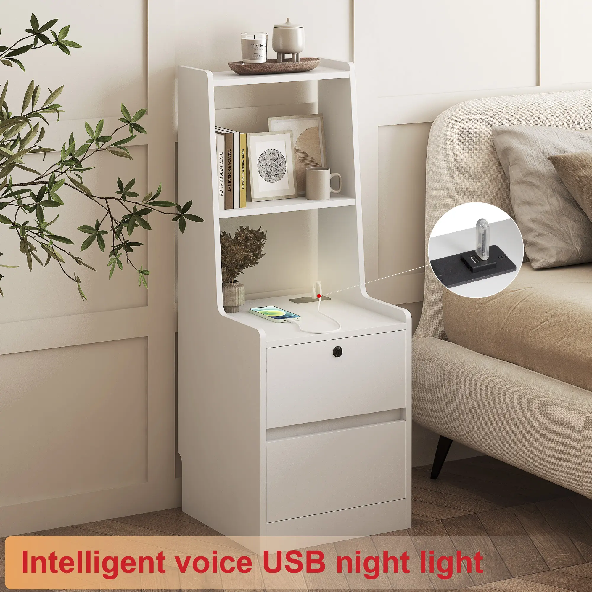 HipyMo Nightstand with Charging Station, 2 Drawer & 2 Shelves, Smart Nightstand with Night Light, Modern Night Stand with Bookshelf, Bedside Tables with Storage Cabinet for Bedroom