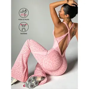 Women's Seamless Leopard Print Tank Jumpsuit, Back Cross Buckle High Waist Butt Lifting Jumpsuit, Ideal for Running Outdoor Yoga Workout, Sportswear