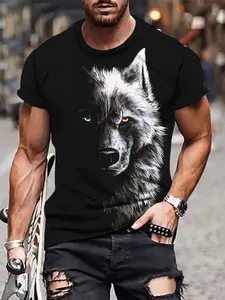 Men's Wolf Pattern 3D Printed T-Shirt, Lightweight Summer Streetwear, Casual Daily Wear, All Seasons, Long Fitted Style