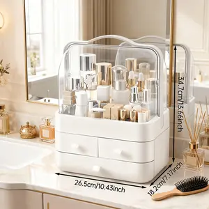 Three-layer large-capacity cosmetic storage box (ivory white/cherry blossom powder/dark green): transparent dust cover, smooth drawer (soft silicone handle), visible design, space saving, ideal for cosmetic finishing and home decoration products