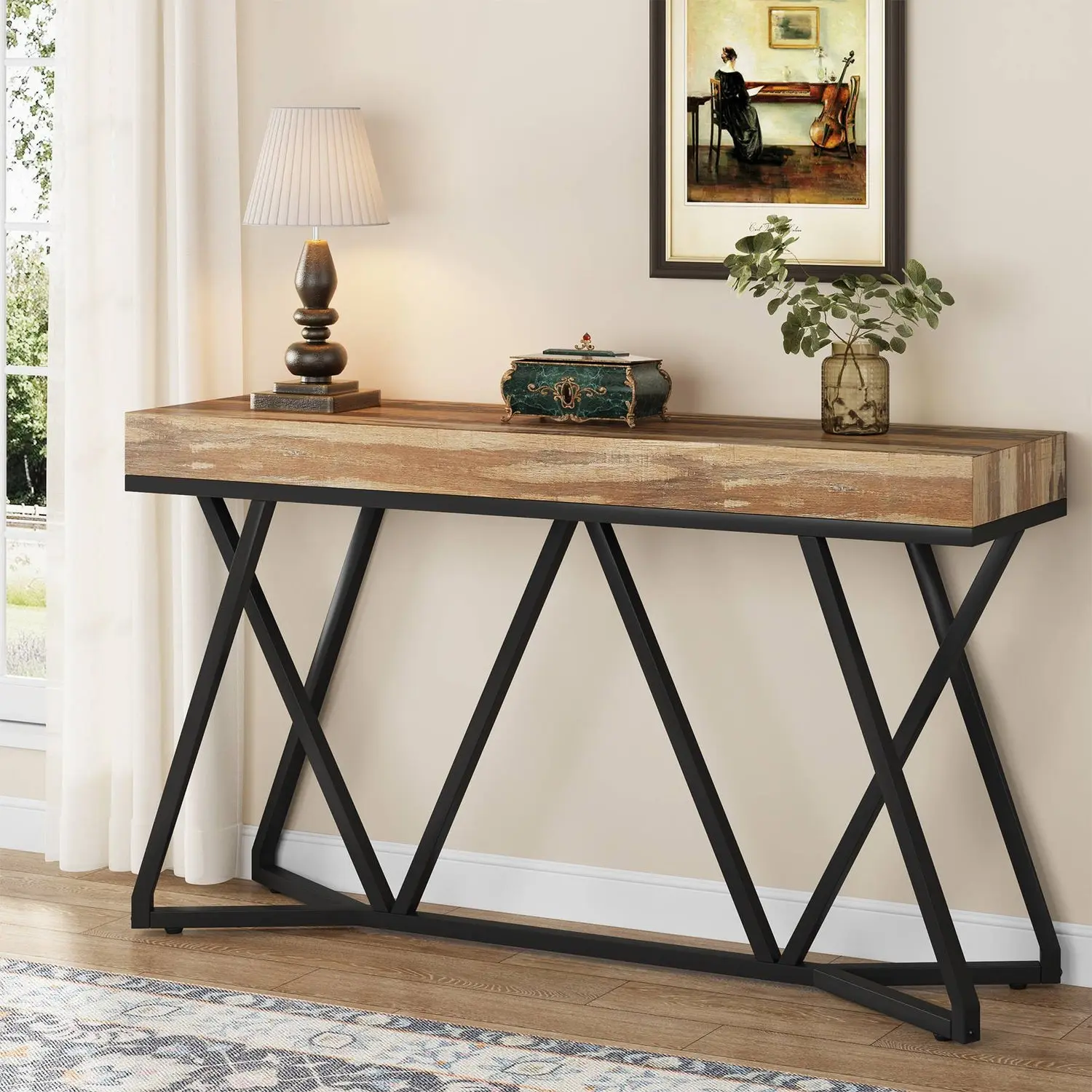 Spaco 55-Inch Modern Console Table - Rustic Wood Tabletop, Unique Metal Base, Vintage Living Room Tables for Living Room, Foyer, Rustic Wood Table