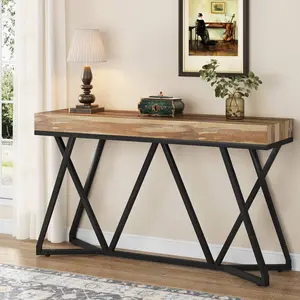 Spaco 55-Inch Modern Console Table - Rustic Wood Tabletop, Unique Metal Base, Vintage Living Room Tables for Living Room, Foyer, Rustic Wood Table