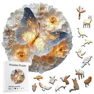 Wooden Jigsaw Puzzle for Adults, Luminous Blue Gold Butterfly & Floral Art, 5a Difficulty, 3D Style, Home Decor & Gift