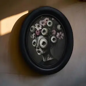 1count Gothic 3D Multi-Eyed Woman Vintage Photo Frame - Large Oval (6.8x8.7inch) - Victorian Gothic Decor for Home, Halloween - Retro-Style, Wooden framed & Black Frame - Gift Idea for Horror Fans