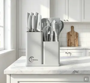 19-Piece Kitchen Knife Set High Carbon Stainless Steel Pastel White Pink Grey Black Cutlery Nonstick Wooden Silicone Handles Serrated Steak Knives Chef Knife Bread Knife Scissors with Storage Block for Kitchen, Knives Kitchen Set