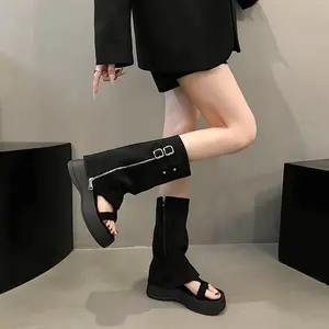 [Convertible Shoes] 2-Wear Convertible Women's Summer Shoes | Thick Sole Platform & Open  Boots with Detachable Calf Strap, Black Flannel Upper & Rubber Sole, Comfortable and Versatile for Casual or Dressy Outfits knee  high  heels elegant square