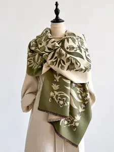 Women's Elegant Floral Print Scarf, Thick Imitation Cashmere Shawl, Plant Pattern, Fitted Style, All Seasons Wear, Boho Style Shawl