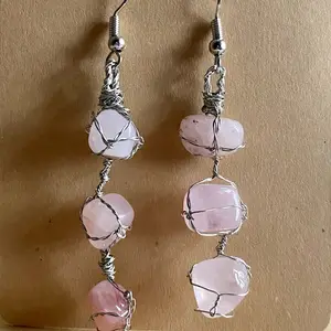 Rose Quarts Wire-Wrapped Chain Earrings