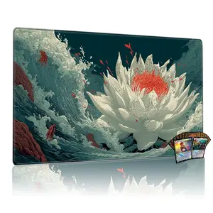 Mtg/tcg Game Mat, Wave & Lotus Pattern Design, Durable Non-Slip Washable Mouse Pad, 14x24 Inch Dual-Use Tabletop Accessory