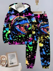Boys Fashion Dinosaur Pattern 3D Printed Hoodie Set, Long Sleeve Sports Wear, Spring Fall Winter Outdoor Hooded Sweatshirts