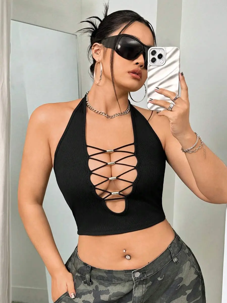 Slim Fit Deep V-Neck Beaded Necklace Decorated Tank Top For Summer